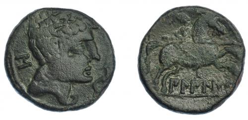3009 - HISPANIA ANTIGUA. BILBILIS. As. A/ Cabeza masculina a der., delante delfín, detrás signo ibérico S. R/ Jinete lancero a der., debajo, sobre línea, BiLBiLIS. AE 13,40 g. 26,8 mm. I-254. ACIP-1567. Pátina oscura. MBC-. Escasa.