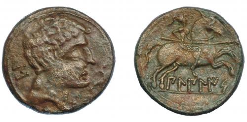 3010 - HISPANIA ANTIGUA. BILBILIS. As. A/ Cabeza masculina a der., delante delfín, detrás signo ibérico S. R/ Jinete lancero a der., debajo, sobre línea, BiLBiLIS. AE 13,11 g. 28 mm. I-254. ACIP-1567. Pátina marrón. MBC-/MBC. Escasa.