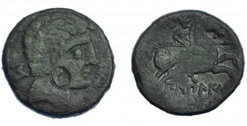 3011 - HISPANIA ANTIGUA. BILBILIS. As. A/ Cabeza masculina a der., delante delfín, detrás signo ibérico S. R/ Jinete lancero a der., debajo, sobre línea, BiLBiLIS. AE 14,66 g. 27,4 mm. I-254. ACIP-1568. Contramarca en anv. Pátina oscura. BC+. Rara.