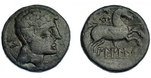 3012 - HISPANIA ANTIGUA. BILBILIS. As. A/ Cabeza masculina a der., delante delfín, detrás signo ibérico S. R/ Jinete lancero a der., debajo, sobre línea, BiLBiLIS. AE 11,64 g. 26,6 mm. I-254. ACIP-1568. Rayitas. Pátina oscura. MBC-. Rara.