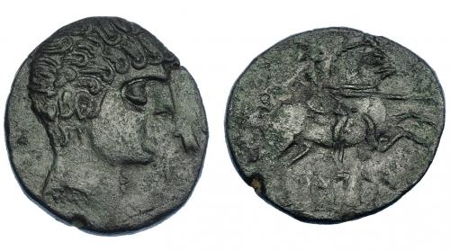 3013 - HISPANIA ANTIGUA. BILBILIS. As. A/ Cabeza masculina a der., delante delfín, detrás signo ibérico S. R/ Jinete lancero a der., debajo, sobre línea, BiLBiLIS. AE 8,46 g. 25,8 mm. I-254. ACIP-1569. MBC+/BC+. Muy escasa.
