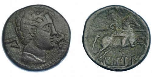 3015 - HISPANIA ANTIGUA. BILBILIS. As. A/ Cabeza masculina a der., delante delfín, detrás signo ibérico Bi. R/ Jinete lancero a der., debajo, sobre línea, BiLBiLIS. AE 15,13 g. 28,4 mm. I-258. ACIP-1573. Pátina oscura. MBC-. Muy escasa.