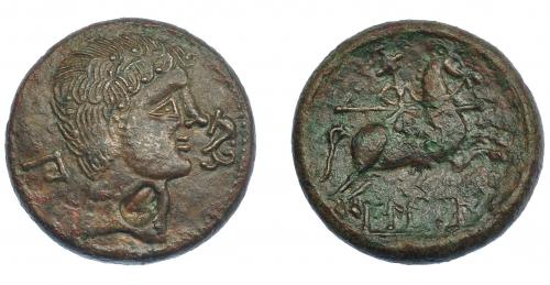 3016 - HISPANIA ANTIGUA. BILBILIS. As. A/ Cabeza masculina a der., delante delfín, detrás signo ibérico Bi. R/ Jinete lancero a der., debajo, sobre línea, BiLBiLIS. AE 16,19 g. 28,6 mm. I-258. ACIP-1573. Contramarca. concreciones en rev. MBC+/MBC-. Muy escasa.
