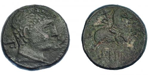 3017 - HISPANIA ANTIGUA. BILBILIS. As. A/ Cabeza masculina a der., delante delfín, detrás signo ibérico Bi. R/ Jinete lancero a der., debajo, sobre línea, BiLBiLIS. AE 14,42 g. 26 mm. I-258. ACIP-1574. MBC-/BC+. Rara.