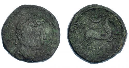 3018 - HISPANIA ANTIGUA. BILBILIS. Semis. A/ Cabeza masculina a der., delante delfín, detrás signo ibérico S. R/ Caballo con rienda suelta a der., encima creciente con glóbulo, debajo sobre línea BiLBiLIS. AE 7,41 g. 21,7 mm. I-267. ACIP-1578. Pátina oscura rugosa. BC+. Muy escasa.