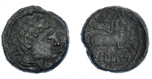 3019 - HISPANIA ANTIGUA. BILBILIS. Semis. A/ Cabeza masculina a der., delante delfín, detrás signo ibérico S. R/ Caballo con rienda suelta a der., encima creciente con glóbulo, debajo sobre línea BiLBiLIS. AE 7,14 g. 19,8 mm. I-267. ACIP-1578. Pátina oscura. MBC/MBC-. Muy escasa.