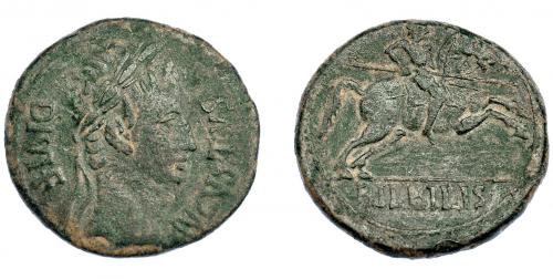 3020 - HISPANIA ANTIGUA. BILBILIS. Augusto. As. A/ Cabeza laureada a der.; AVGVSTVS DIVI F. R/ Jinete lancero a der., en exergo BILBILIS. AE 11,14 g. 28,8 mm. I-275. APRH-391. ACIP-3016. Pátina verde. MBC-. Escasa.
