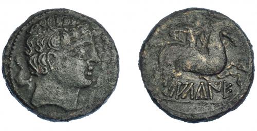 3021 - HISPANIA ANTIGUA. SALTUIE. Unidad. A/ Cabeza masculina a der., alrededor tres delfines. R/ Jinete con palma y clámide a der.; debajo sobre línea SALTuIE. AE 10,41 g. 26,1 mm. I-306. ACIP-1516. Pátina oscura. MBC/MBC-.