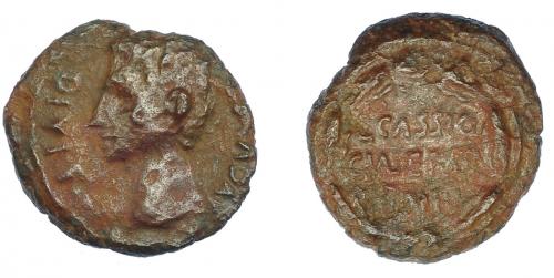 3022 - HISPANIA ANTIGUA. CAESARAUGUSTA. Augusto. Cuadrante. A/ Cabeza a izq.; AVGVSTVS DIVI F. R/ Corona rodenado L CASSIO/C VALERIO/ II VIR. AE 2,22 g. 15 mm. I-338. APRH-312. ACIP-3036. Pátina marrón. BC+/MBC-. Muy rara.