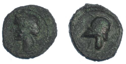 3025 - HISPANIA ANTIGUA. EMISIONES HISPANO-CARTAGINESAS. Quinto. A/ Cabeza de Tanit a izq. R/ Casco a izq. AE 1,53 g. 12,2 mm. I-521. ACIP-582. Golpe en rev. Pátina oscura. BC+/MBC-.
