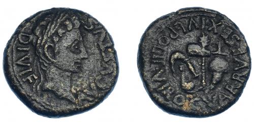 3028 - HISPANIA ANTIGUA. CARTAGONOVA. Augusto. Semis. A/ Cabeza laureada a der.; AVGVSTVS DIVI F. R/ Instrumentos pontificales. C VAR RVF SE IVL POL II VIR. AE 6,55 g. 21,6 mm. I-594. APRH-168. ACIP-3138. MBC-/MBC.