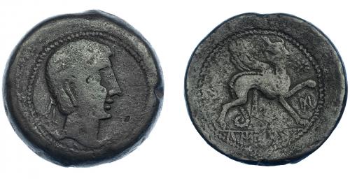 3030 - HISPANIA ANTIGUA. CASTULO. As. A/ Cabeza masculina diademada a der. R/ Esfinge avanzando a der., delante signo ibérico Ko y estrella, en exergo KaSTiLO. AE 27,82 g. 32,1 mm. I-697. ACIP-2113. Pátina oscura. BC+. Rara.