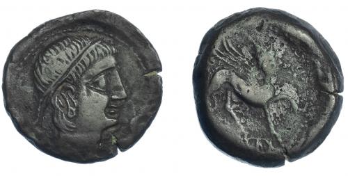3034 - HISPANIA ANTIGUA. CASTULO. As. A/ Cabeza masculina diademada a der., delante delfín. R/ Esfinge avanzando a der., delante estrella, en exergo KaSTiLO poco visible. AE 14,80 g. 28,4 mm. I-699. ACIP-2133. MBC-/BC+. Rara.