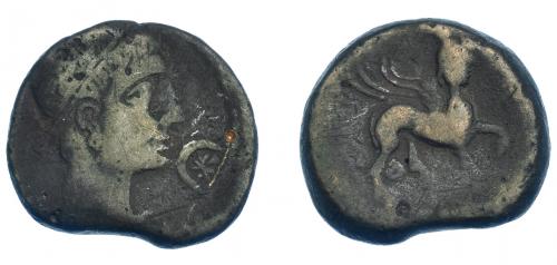 3036 - HISPANIA ANTIGUA. CASTULO. As. A/ Cabeza masculina diademada a der., delante creciente con estrella. R/ Esfinge a der., delante estrella, en exergo (KaSTiLO) no visible. AE 10,82 g. 26 mm. I-705. ACIP-2140. Pequeñas marcas. Cospel irregular. BC+. Rara.