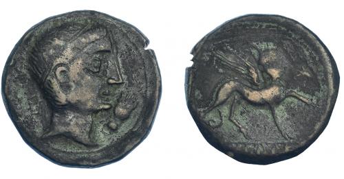 3037 - HISPANIA ANTIGUA. CASTULO. As. A/ Cabeza masculina diademada a der., delante mano. R/ Esfinge a der., delante estrella, en exergo KaSTiLO poco visible. AE 15,76 g. 28,4 mm. I-701. ACIP-2142. Pátina oscura. MBC-. Escasa.