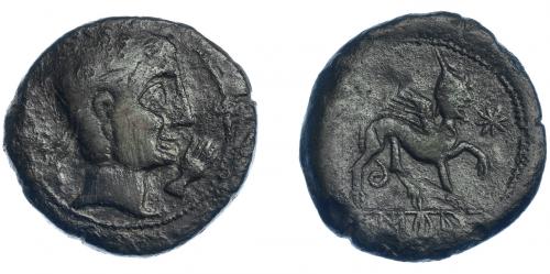 3038 - HISPANIA ANTIGUA. CASTULO. As. A/ Cabeza masculina diademada a der., delante mano. R/ Esfinge a der., delante estrella, en exergo KaSTiLO. AE 17,68 g. 30,9 mm. I-700. ACIP-2142. Pátina oscura. MBC-. Escasa.
