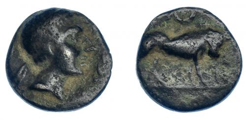 3040 - HISPANIA ANTIGUA. CASTULO. Semis. A/ Cabeza masculina diademada a der., delante palma curva en el sentido de la gráfila. R/ Toro a der., encima creciente, en exergo KaSTiLO poco visible. AE 4,21 g. 17,6 mm. I-7171. ACIP-2146. Pátina oscura. BC+. Rara.