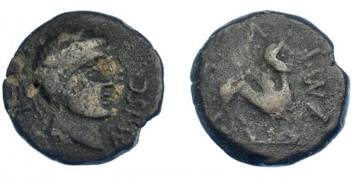 3042 - HISPANIA ANTIGUA. CASTULO. As. A/ Cabeza masculina diademada a der., CAEL M ISC. R/ Esfinge a der., alrededor M FVL. AE 14,47 g. 27 mm. I-710. ACIP-2160. Pátina oscura. BC+. Muy escasa.