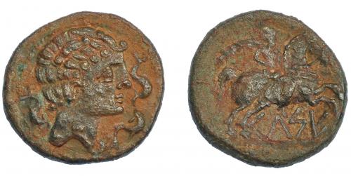 3043 - HISPANIA ANTIGUA. KELSE. As. A/ Cabeza masculina con cuello vestido y fíbula a der., alrededor tres delfines. R/ Jinete con palma a der., debajo sobre línea KeLSE. AE 14,66 g. 30,2 mm. I-771. ACIP-1482. Pátina verde terrosa. MBC+/MBC-.