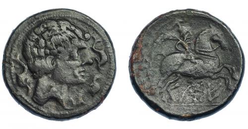 3044 - HISPANIA ANTIGUA. KELSE. As. A/ Cabeza masculina con cuello vestido y fíbula a der., alrededor tres delfines. R/ Jinete con palma a der., debajo sobre línea KeLSE. AE 17,77 g. 30,2 mm. I-771. ACIP-1482. Pátina oscura. MBC-.