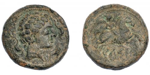 3045 - HISPANIA ANTIGUA. KELSE. As. A/ Cabeza masculina con cuello vestido y fíbula a der., alrededor tres delfines. R/ Jinete con palma a der., debajo sobre línea KeLSE. AE 17,69 g. 30,5 mm. I-771. ACIP-1483. Pátina verde rugosa. MBC-.