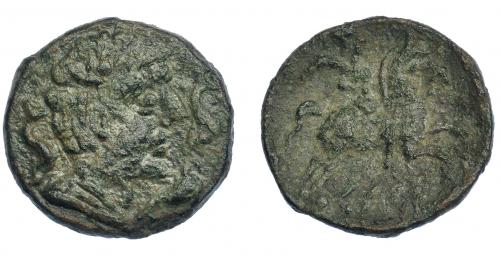 3047 - HISPANIA ANTIGUA. KELSE. As. A/ Cabeza masculina a der., alrededor tres delfines. R/ Jinete con palma a der., debajo KeLSE. AE 10,39 g. 28,4 mm. I-no. ACIP-1489. Pátina verde. MBC-/BC+.Escasa.