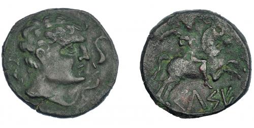 3049 - HISPANIA ANTIGUA. KELSE. As. A/ Cabeza masculina a der., alrededor tres delfines. R/ Jinete con palma a der., debajo KeLSE. AE 10,13 g. 27,4 mm. I-no. ACIP-1489. Pátina verde. MBC/MBC-. Escasa.