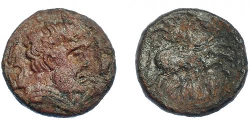 3050 - HISPANIA ANTIGUA. KELSE. As. A/ Cabeza masculina a der., alrededor tres delfines. R/ Jinete con palma a der., debajo KeLSE. AE 11,15 g. 27,8 mm. I-no. ACIP-1489. Pátina rojiza. MBC-/RC. Escasa.