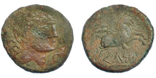 3051 - HISPANIA ANTIGUA. KELSE. As. A/ Cabeza masculina a der., delante dos delfines, detrás CEL. R/ Jinete con palma a der., debajo KeLSE. AE 19,19 g. 33 mm. I-774. ACIP-1490. Pátina verde rugosa. BC+.
