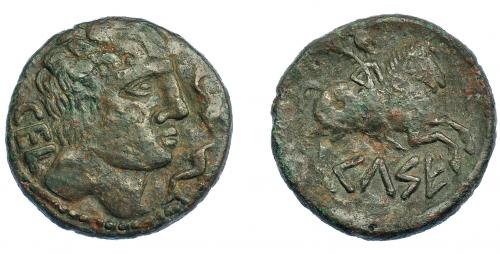 3052 - HISPANIA ANTIGUA. KELSE. As. A/ Cabeza masculina a der., delante dos delfines, detrás CEL. R/ Jinete con palma a der., debajo KeLSE. AE 17,37 g. 30,6 mm. I-774. ACIP-1490. Pátina verde con pequeñas erosiones. MBC-/BC+.