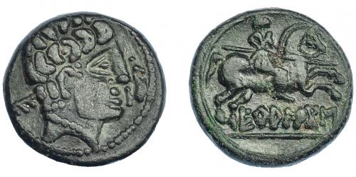 3053 - HISPANIA ANTIGUA. EKUALAKOS. Unidad. A/ Cabeza masculina a der., delante delfín, detrás signo ibérico E. R/ Jinete lancero a der., debajo sobre línea EKuALAKoS. AE 12,39 g. 24,7 mm. I-969. ACIP-1847. Pátina oscura. MBc.