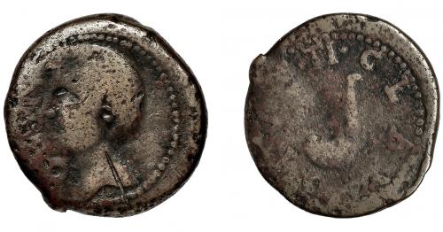 3054 - HISPANIA ANTIGUA. GADIR. Augusto. Sestercio. A/ Cabeza de Tiberio a izq., delante NERO. R/ Símpulo a izq.; TI CLAV(DIVS). AE 17 g. 30,5 mm. RPC-88. I-1386. APRH-88. ACIP-3318. Raya en anv. BC-.
