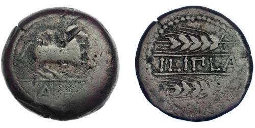 3058 - HISPANIA ANTIGUA. ILIPLA. As. A/ Jinete lancero a der., en exergo A y creciente (no visible). R/ Dos espigas a izq., en medio entre líneas ILIPLA. AE 21,27 g. 33,5 mm. I-1556. ACIP-2370. BC/MBC. Muy escasa.