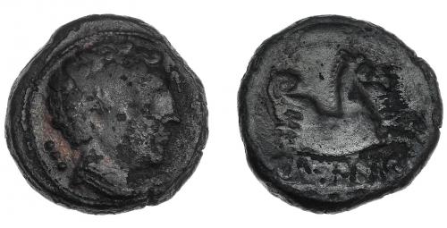 3059 - HISPANIA ANTIGUA. ILTIRKESKEN. Cuadrante. A/ Cabeza masculina con collar a der., detrás 3 glóbulos. R/ Medio Pegaso a der., debajo ley. ibérica ILTiRKeSKeN. AE 4,55 g. 18,2 mm. I-1451. ACIP-1387. Pátina oscura con erosiones. BC+. Muy rara.