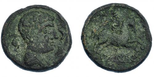 3060 - HISPANIA ANTIGUA. ILTUKOITE. Unidad. A/ Cabeza masculina con cuello vestido a der., alrededor tres delfines. R/ Jiente con palma a der.; ILTuKoITe. AE 17,26 g. 29,3 mm. I-1428. ACIP-1502. Pátina verde muy rugosa. MBC/MBC-. Escasa.