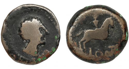 3063 - HISPANIA ANTIGUA. OLONTIGI. Unidad. A/ Cabeza masculina a der. R/ Jinete a der., debajo LONT. AE 16,3 g. 26,8 mm. I-1877. ACIP-858. BC+. Rarísima.