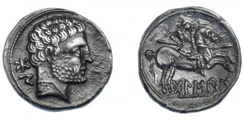 3065 - HISPANIA ANTIGUA. BOLSKAN. Denario. A/ Cabeza masculina a der., detrás signos ibéricos BoN. R/ Jinete lancero a der., debajo sobre línea BoLSKaN. AR 3,70 g. 17,3 mm. I-1911. ACIP-1417. Golpecitos en anv. MBC+.