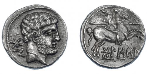 3066 - HISPANIA ANTIGUA. BOLSKAN. Denario. A/ Cabeza masculina a der., detrás signos ibéricos BoN. R/ Jinete lancero a der., debajo sobre línea BoLSKaN. Ar 4,01 g. 17,5 mm. I-1911. ACIP-1417. Erosión en rev. Ebc-.