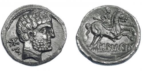 3067 - HISPANIA ANTIGUA. BOLSKAN. Denario. A/ Cabeza masculina a der., detrás signos ibéricos BoN. R/ Jinete lancero a der., debajo sobre línea BoLSKaN. AR 3,24 g. 17,7 mm. I-1911. ACIP-1417. MBC/MBC+.