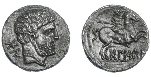 3068 - HISPANIA ANTIGUA. BOLSKAN. Denario. A/ Cabeza masculina a der., detrás signos ibéricos BoN. R/ Jinete lancero a der., debajo sobre línea BoLSKaN. AR 2,93 g. 17,6 mm. I-1911. ACIP-1417. Campos repasados. EBC-.