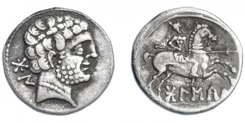 3069 - HISPANIA ANTIGUA. BOLSKAN. Denario. A/ Cabeza masculina a der., detrás signos ibéricos BoN. R/ Jinete lancero a der., debajo sobre línea BoLSKaN. AR 4,07 g. 18,5 mm. I-1911. ACIP-1417. MBC-/MBC.