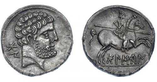 3070 - HISPANIA ANTIGUA. BOLSKAN. Denario. A/ Cabeza masculina a der., detrás signos ibéricos BoN. R/ Jinete lancero a der., debajo sobre línea BoLSKaN. AR 3,77 g. 17,7 mm. I-1911. ACIP-1417. Oxidación limpiada en anv. EBC.