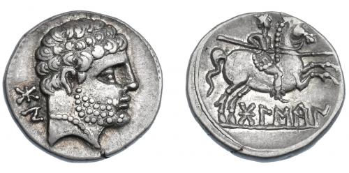 3071 - HISPANIA ANTIGUA. BOLSKAN. Denario. A/ Cabeza masculina a der., detrás signos ibéricos BoN. R/ Jinete lancero a der., debajo sobre línea BoLSKaN. AR 4,01 g. 17,5 mm. I-1911. ACIP-1417. MBC+/EBC-.