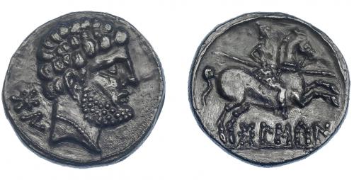 3072 - HISPANIA ANTIGUA. BOLSKAN. Denario. A/ Cabeza masculina a der., detrás signos ibéricos BoN. R/ Jinete lancero a der., debajo sobre línea BoLSKaN. AR 3,60 g. 17,1 mm. I-1911. ACIP-1417. Oxidaciones limpiadas. MBC+/MBC.