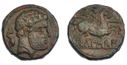 3074 - HISPANIA ANTIGUA. BOLSKAN. Unidad. A/ Cabeza masculina con collar a der., detrás delfín. R/ Jinete lancero a der., detrás estrella, debajo BoLSKaN. AE 9,31 g. 23,8 mm. I-1918. ACIP-1419. MBC/MBC-.