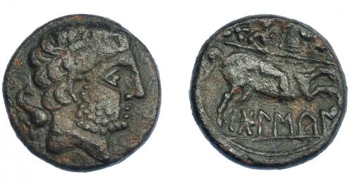 3075 - HISPANIA ANTIGUA. BOLSKAN. Unidad. A/ Cabeza masculina con collar a der., detrás delfín. R/ jinete lancero a derl, detrás estrella, debajo BoLSKaN. AE 8,00 g. 22,7 mm. I-1918. ACIP-1419. MBC/MBC-.