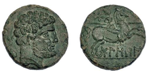 3076 - HISPANIA ANTIGUA. BOLSKAN. Unidad. A/ Cabeza masculina con collar a der., detrás delfín. R/ jinete lancero a derl, detrás estrella, debajo BoLSKaN. AE 6,63 g. 23,2 mm. I-1918. ACIP-1419. Pátina verde. MBC.