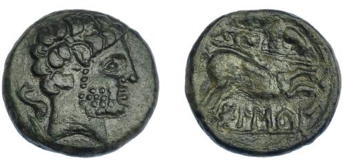 3077 - HISPANIA ANTIGUA. BOLSKAN. Unidad. A/ Cabeza masculina con collar a der., detrás delfín. R/ Jinete lancero a derl, detrás estrella, debajo BoLSKaN. AE 9,35 g. 23,4 mm. I-1918. ACIP-1419. Pátina verde. MBC/MBC-.