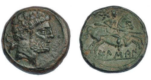 3078 - HISPANIA ANTIGUA. BOLSKAN. Unidad. A/ Cabeza masculina con collar a der., detrás delfín. R/ jinete lancero a derl, detrás estrella, debajo BoLSKaN. AE 9,87 g. 23,9 mm. I-1918. ACIP-1419. Pátina verde. MBC-/MBC+.