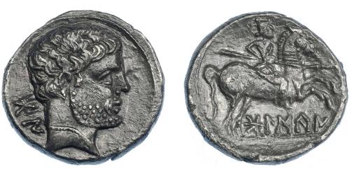 3079 - HISPANIA ANTIGUA. BOLSKAN. Denario. A/ Cabeza masculina barbada y con collar a der., detrás signos ibéricos BoN. R/ Jinete lancero a der., debajo sobre línea BoLSKaN. AR 3,73 g. 16,7 mm. I-1912. ACIP-1423. Campos repasados en rev. EBC-/MBC+.